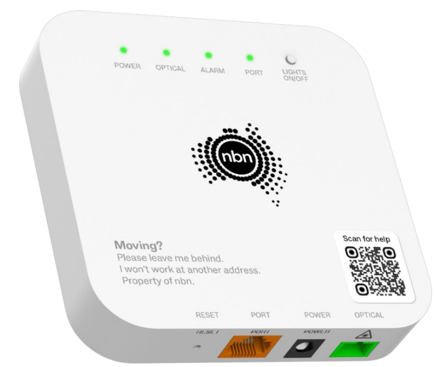 White one-port NBN Fibre to the Premises connection box with four indicator lights and connection ports