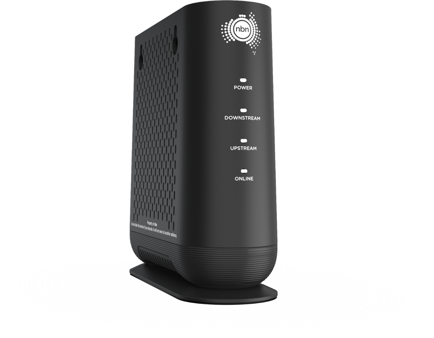 Black NBN Hybrid Fibre Coaxial connection box viewed from the front